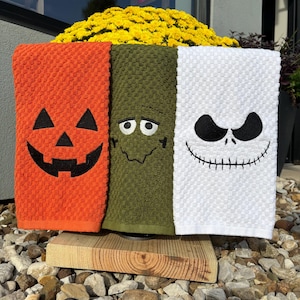Embroidered Halloween Hand Towel: Jack-o-lantern, Skeleton, Frankenstein