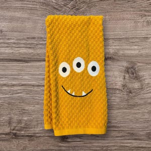 Fun Monster Towel. Handmade Embroidered Bath or Kitchen Towel. Kids Bathroom Decor.