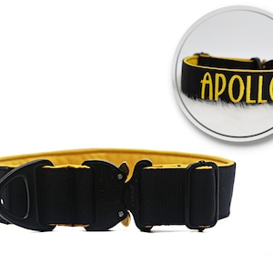 K9 PRO Tactical Dog Collar: Black with yellow Softshell padding, Cobra Buckle, Heavy Duty