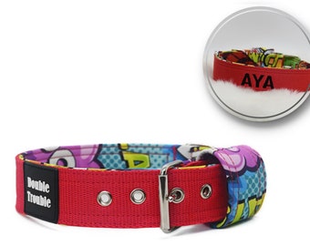 Comic Red Dog Collar CLASSIC PRO| Custom dog collar| Personalization| Name| Embroidery| Dog collar| Leash| Dog| Multiple color| Colorfull