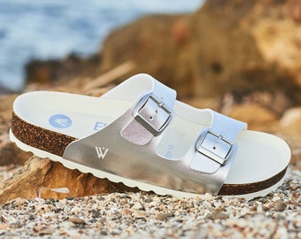 ELEWERT® Vegan padded sandals, silver, for women, handmade in Spain, sustainable footwear, family tradition since 1984