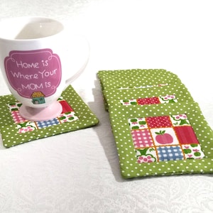 Patchwork Apple Coasters, Fabric Coasters, Farmhouse Decor, Teachers Gift, Table Protectors,Handmade Coasters, Quilted Coasters Reversible