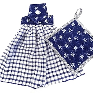 Hanging Kitchen Hand Towel and Pot Holder Set, Blue and White  Kitchen Towel Set, Hanging Dish Towel, Hanging Tea Towel