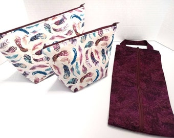 Flight of Beauty: Nature-Inspired Feather Design Handmade 3 Piece Toiletry Set, 2 Makeup Bags and a Shoe Bag Get Organized Travel in Style