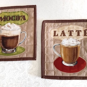 Mug Rugs Coffee Theme Set of Two, Large Coasters,Handmade Quilted Mug Rugs, Protects Table Surface,Tea Coasters, Hot Pad, Snack Mats,