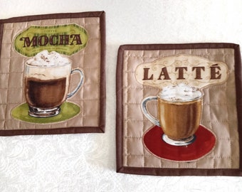 Mug Rugs Coffee Theme Set of Two, Large Coasters,Handmade Quilted Mug Rugs, Protects Table Surface,Tea Coasters, Hot Pad, Snack Mats,
