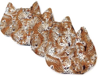 Set of 4 Leopard Print Cat Coasters,  Cat Mug Rugs, Cat Drink Coasters, Cat Lover's Gift, Hostess Gift,, Cotton Coasters, Teacher's Gift