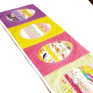 Eggstravagant Easter: Handmade Table Runner with Vibrant Blocks and Easter Egg Delights