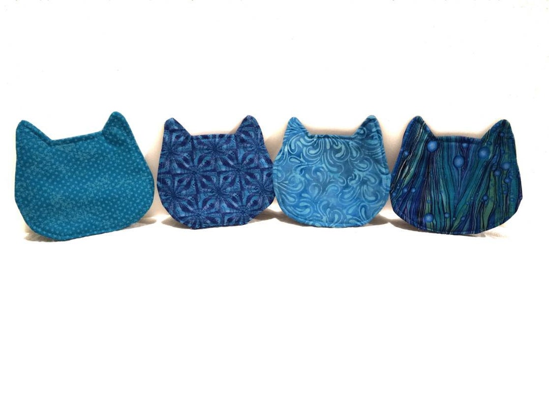 Set of 4 Cozy Cat Coasters, Blue Batik Coasters, Cat Drink Coasters,cat