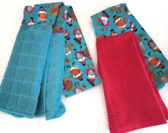 Thanksgiving Kitchen Boa, Pilgrim Gnome Kitchen Scarf, Cooks Towel,Thanksgiving Double Dish Towel, Hands free Kitchen Boa,Thanksgiving Decor