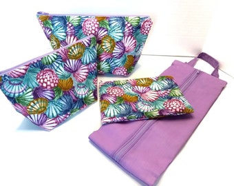 Seashell-inspired 4 Piece Handmade Quilted Toiletry Set: Includes 2 Cosmetic Bags, Shoe Bag, and Pouch in Various Sizes Great for Travel