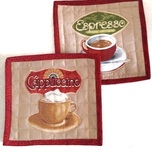 Mug Rugs Coffee Theme Set of Two, Large Coasters,Handmade Quilted Mug Rugs, Protects Table Surface,Tea Coasters, Hot Pad, Snack Mats