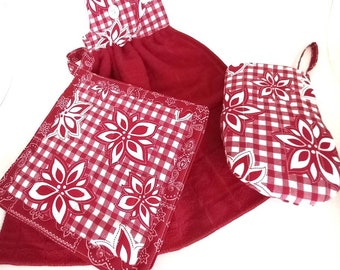 Hanging Dish Towel, 3 Piece Kitchen Set, Kitchen Towel,Potholder Set, Red Kitchen Linens, Hanging Hand Towel, Towel Set, Red Dish Towel Set