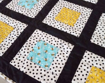 Buzzing Dots: Handmade Polka Dot Bumble Bee Baby Quilt - Perfect for Boys and Girls! Black and White Patchwork Delight