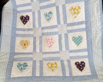 Beautiful Blue Gingham and Hearts Baby Quilt, Soft Light Weight Baby Quilt, Handmade Baby Quilt, Baby Shower Gift,Heart Block Baby Quilt