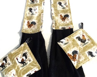 Rooster Kitchen Boa Set, Cooks Towel, Double Dish Towel, Wearable Kitchen Towel, Rooster Kitchen Linens, Country Kitchen Decor,