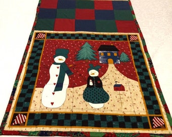 Christmas Patchwork Snowman Table Runner, Handmade Quilted Christmas Table Runner, Reversible Christmas Table Runner, Snowman Table Decor