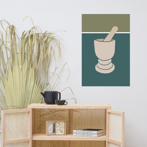 May include: A minimalist illustration of a mortar and pestle on a green background. The mortar and pestle are beige and the background is a dark teal green.