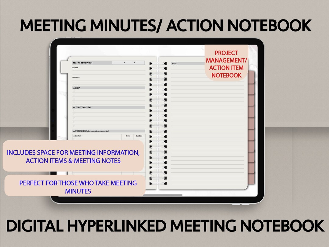 Digital Meeting Minutes Notebook, Digital Notebook, Project Management