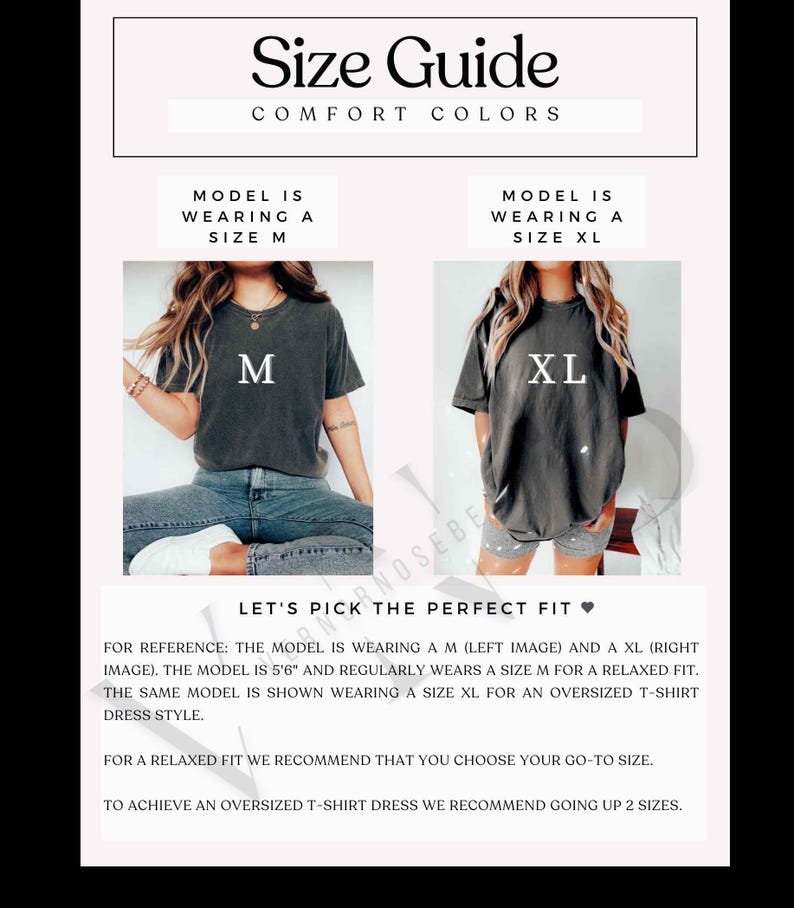 May include: Size guide for t-shirts with two models wearing different sizes. The model on the left is wearing a size M and the model on the right is wearing a size XL. The text says "Let's pick the perfect fit".