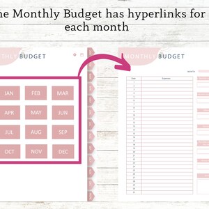 May include: A printable monthly budget planner in pink and white. The planner has a section for each month of the year, with a separate column for expenses and a section for notes. The planner also includes a section for monthly income and a section for monthly savings.