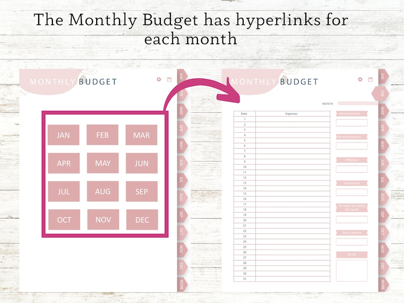 May include: A printable monthly budget planner in pink and white. The planner has a section for each month of the year, with a separate column for expenses and a section for notes. The planner also includes a section for monthly income and a section for monthly savings.