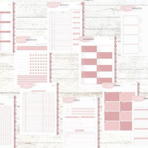 May include: A set of printable planner pages with a pink and white colour scheme. The pages include sections for special dates, monthly budget, habit tracker, passwords, travel in photos, movie and series, yearly goals, vision board, and year review.