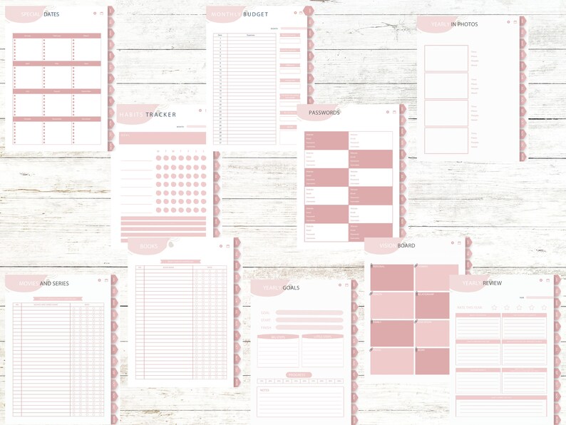May include: A set of printable planner pages with a pink and white colour scheme. The pages include sections for special dates, monthly budget, habit tracker, passwords, travel in photos, movie and series, yearly goals, vision board, and year review.