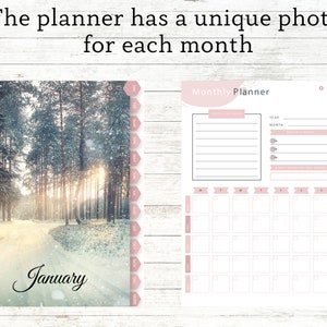 May include: A monthly planner featuring a snowy forest scene for January. The planner has a pink and white colour scheme with a calendar grid and space for notes.