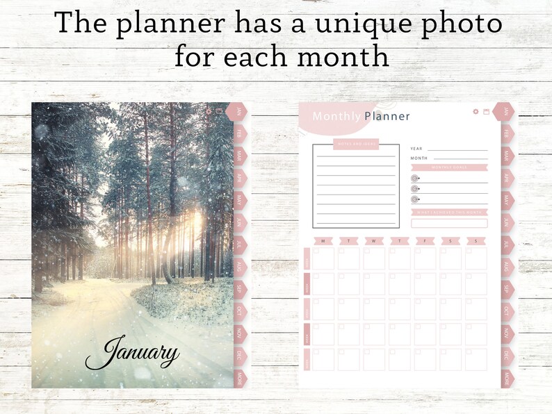 May include: A monthly planner featuring a snowy forest scene for January. The planner has a pink and white colour scheme with a calendar grid and space for notes.