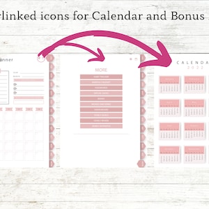 May include: A printable digital planner featuring a monthly calendar, a bonus menu with options such as a habit tracker, money tracker, and special dates, and a calendar for 2022. The planner is designed in a pink and white colour scheme.