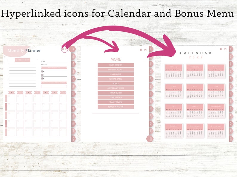 May include: A printable digital planner featuring a monthly calendar, a bonus menu with options such as a habit tracker, money tracker, and special dates, and a calendar for 2022. The planner is designed in a pink and white colour scheme.
