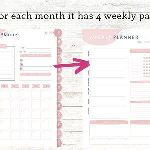 May include: A pink and white monthly planner with a calendar grid and space for notes. The planner also includes four weekly pages with space for daily tasks, appointments, and notes.