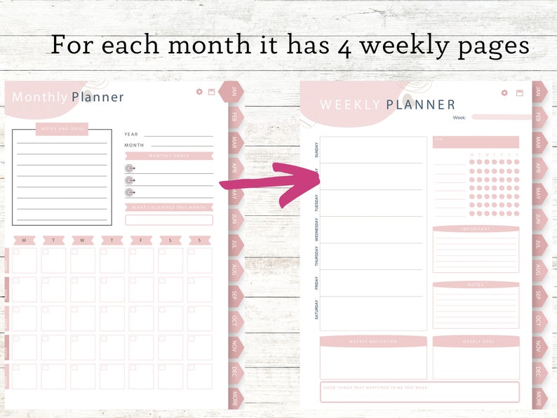 May include: A pink and white monthly planner with a calendar grid and space for notes. The planner also includes four weekly pages with space for daily tasks, appointments, and notes.