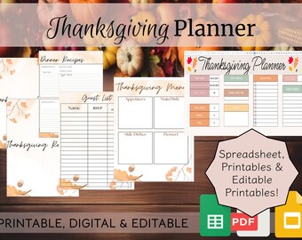 May include: Printable Thanksgiving planner with sections for guest list, menu, recipes, and a to-do list. The planner has a fall theme with orange and brown colors and a watercolor leaf design.
