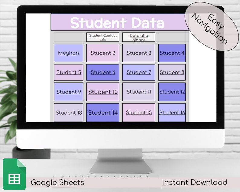 May include: A computer screen displaying a Google Sheets spreadsheet template for student data. The template has a purple and blue color scheme and is labeled "Student Data" with the words "Easy Navigation" in a circle at the top right corner. The spreadsheet is divided into 16 cells, each labeled with a student number. The cells are arranged in a 4x4 grid. The template is designed to help teachers organize and track student information.
