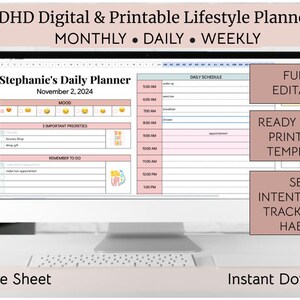 May include: A computer screen displaying a digital planner template for Google Sheets. The planner is titled "Stephanie's Daily Planner" and includes sections for mood tracking, important priorities, and a daily schedule. The text "FULLY EDITABLE, READY TO USE PRINTABLE TEMPLATES, SET INTENTIONS & TRACK DAILY HABITS, Instant Download" is displayed on the right side of the screen.