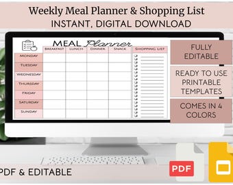 Weekly Meal Planner & Grocery List Printable PDF, EDITABLE Digital Download Meal Planner, Meal Prep, Printable Meal Planner, Menu Planner
