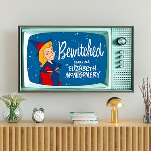 May include: A vintage television set with a blue screen displaying a cartoon image of a witch with the text "Bewitched starring Elizabeth Montgomery".