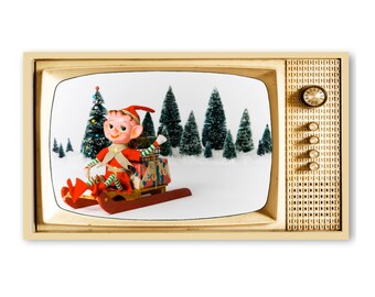 Arte televisivo navideño de elfos retro: Decoración navideña vintage (descarga digital)