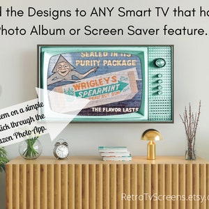 May include: A vintage television screen with a green frame and a retro advertisement for Wrigley's Spearmint gum. The advertisement features a cartoon character with a green hat and a brick wall background. The text "SEALED IN ITS PURITY PACKAGE" and "THE FLAVOR LASTS" is visible on the screen.