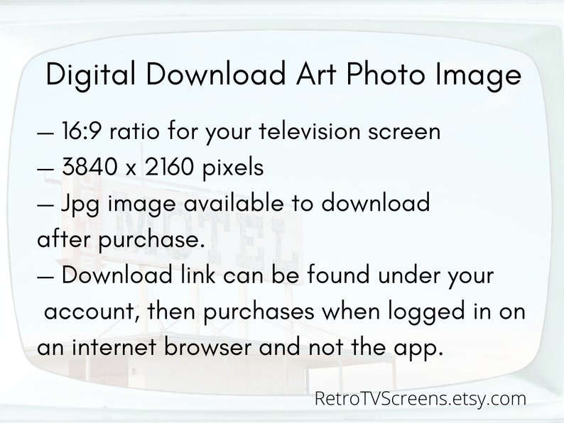 May include: Digital download art photo image for television screens. The image is 3840 x 2160 pixels and in a 16:9 ratio. The image is available in JPG format after purchase. The download link can be found under your account, then purchases when logged in on an internet browser and not the app. RetroTVScreens.etsy.com