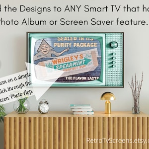 May include: A vintage television screen with a green frame and a retro advertisement for Wrigley's Spearmint gum. The advertisement features a cartoon character with a green hat and a brick wall background. The text "SEALED IN ITS PURITY PACKAGE" and "THE FLAVOR LASTS" is visible on the screen.