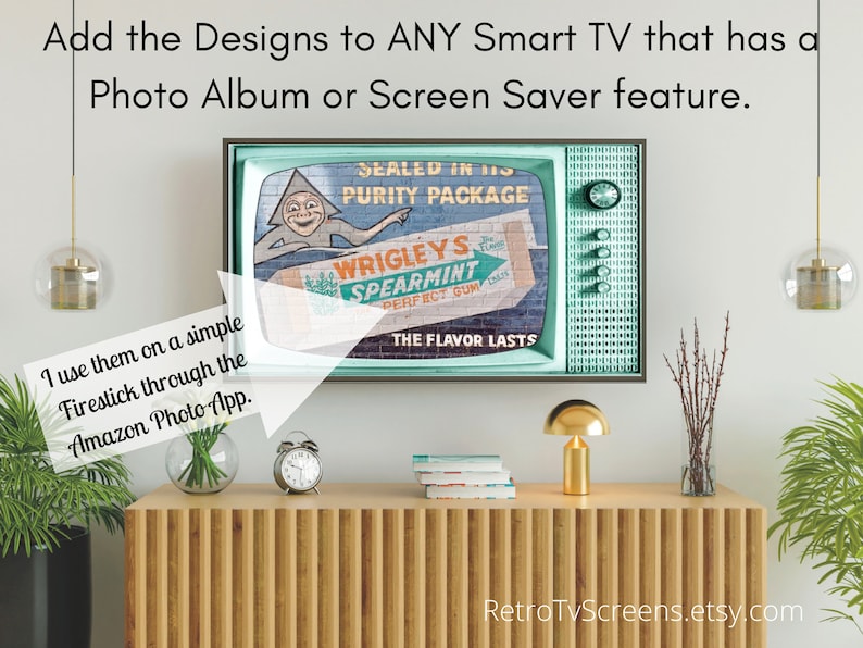 May include: A vintage television screen with a green frame and a retro advertisement for Wrigley's Spearmint gum. The advertisement features a cartoon character with a green hat and a brick wall background. The text "SEALED IN ITS PURITY PACKAGE" and "THE FLAVOR LASTS" is visible on the screen.