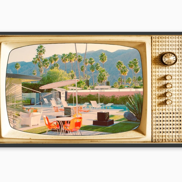 Arte TV con cornice Samsung vintage per Smart TV, immagine TV vintage con piscina retrò, architettura di metà secolo, download digitale n. 301