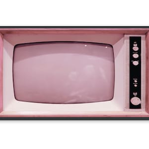 May include: A vintage television set with a pink and white color scheme. The television has a black control panel with round knobs.