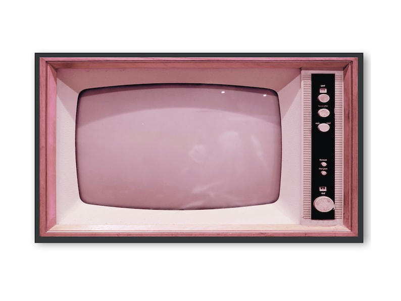 May include: A vintage television set with a pink and white color scheme. The television has a black control panel with round knobs.