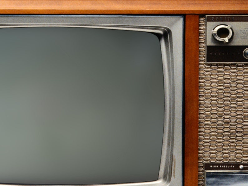 May include: A vintage Zenith television with a woodgrain cabinet and a black and white screen. The television has a silver metal bezel around the screen and a silver metal control panel on the right side. The control panel has a knob for tuning the channels and a knob for adjusting the volume.