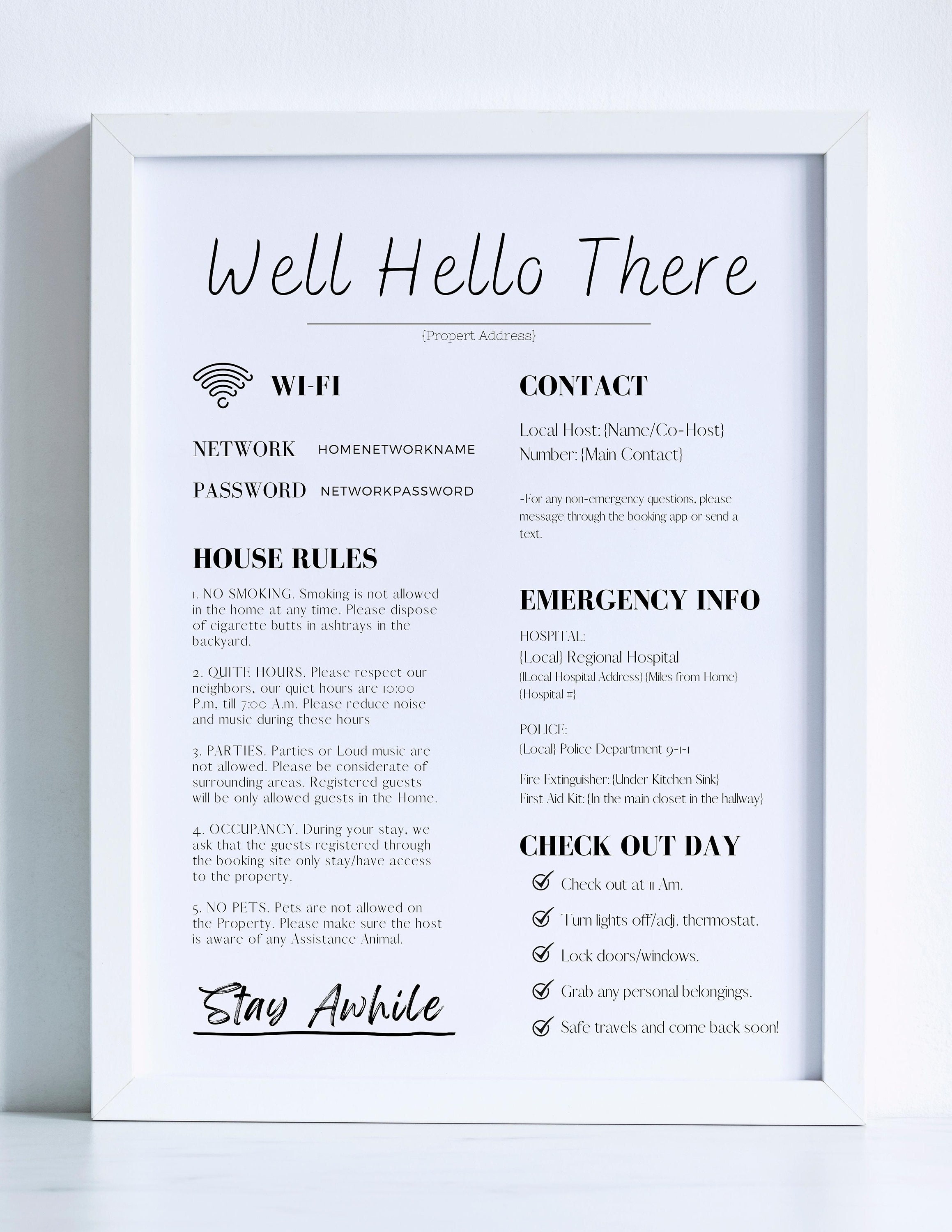 Airbnb Welcome Sign One Page Template | Airbnb Wi-Fi Sign Template | Welcome Guide AirBnB | Airbnb Check Out Sign | House Rules Template