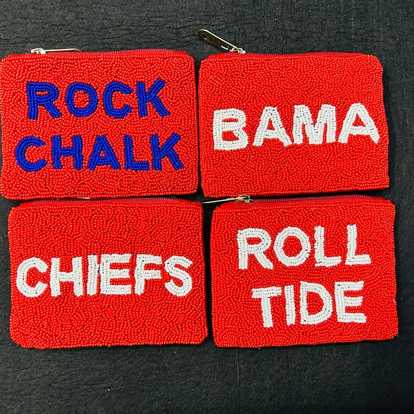 Beautifully Designed Handmade Beaded Gameday Pouch , Coin Purse, Best Quality, Perfect Pouch For Your Game Day, Roll Tide, Chiefs, Bama